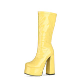Bold Patent Leather Knee High Platform Chunky Heel Boots - Yellow